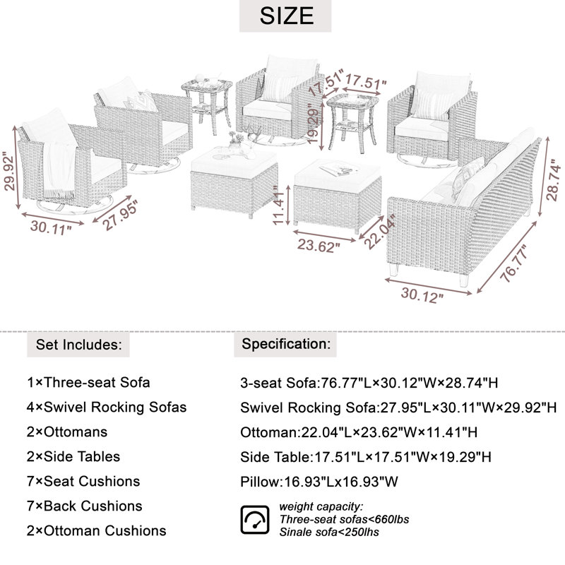 7 - Person Patio Conversation Set with Cushions, Orange