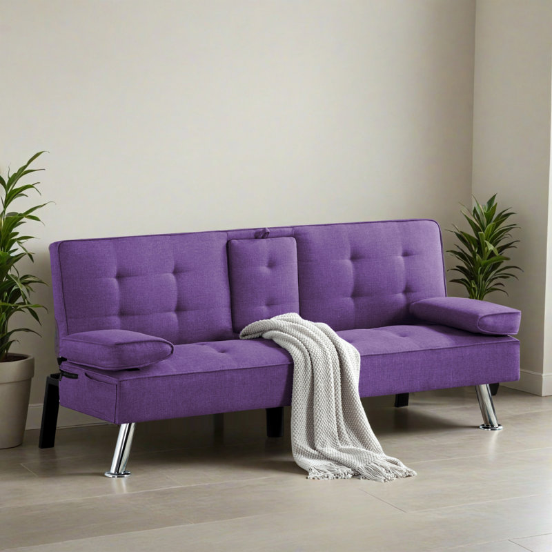 65.32" Wide Convertible Upholstered Reclining Sleeper Sofa Bed, Purple