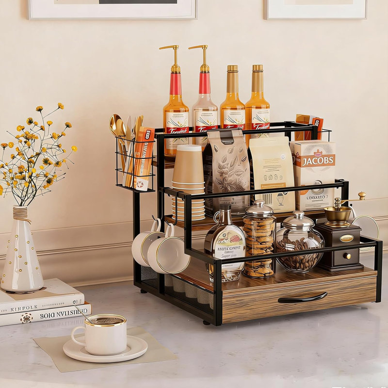 Organisateur de comptoir pour sirop de café, support en bois à 4 niveaux avec tiroir de rangement pour 36 tasses de café, tablettes de rangement à condiments pour la cuisine, la maison, le bureau, le restaurant