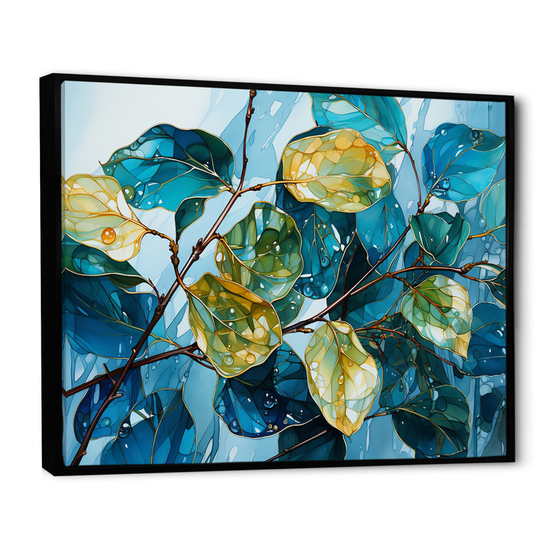 Feuilles charmantes, harmonie liquide sur toile, Cadre flottant noir, H 12 po x l 20 po x P 1 po