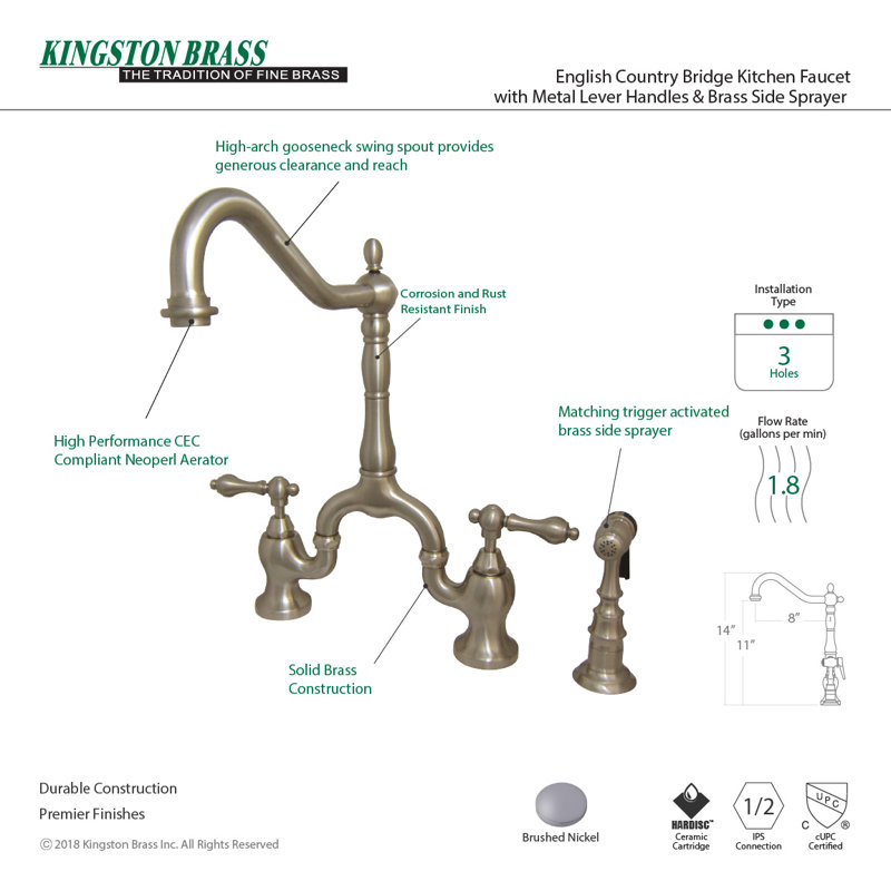 Kingston Brass English Country Two-Handle 3-Hole Deck Mount Bridge Kitchen Faucet with Brass Side Sprayer, Brushed Nickel