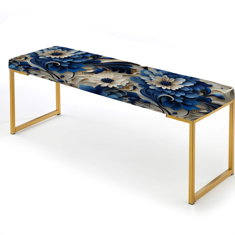 Blue Scrollwork Swirls Victorian Pattern II - Floral Upholstered Gold Bench