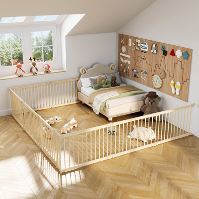 Natural Pine Wood Baby Playpen – Foldable, Adjustable Safety Fence with Dual-Lock Gate and Suction Stabilizers