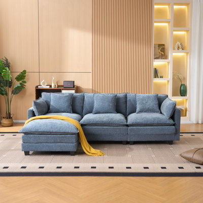 Blue Color  3-Seat Combo Sofa With Storage Ottoman For Living Room Apartment Bedroom And Compact Room, Upholstered Sectional Couch, L Shaped Bench With Ottoman