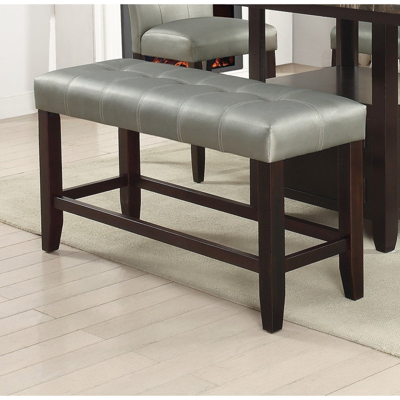 Silver Faux Leather Counter Height Dining Bench, Seat With Stable Wooden Base, Modern For Room Bench Dining, Robust Wood Elegance