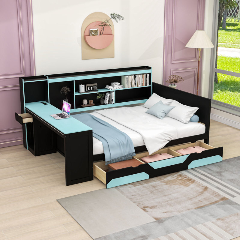 Wood Daybed with 3 Drawers, Desk, Lights, Shelves and Charging Station, Queen, Black/Blue