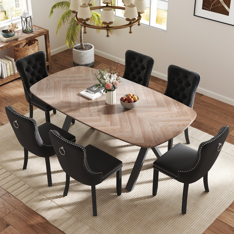 Rectangle Dining Set with Tufted Dining Chair, Black, 29.5"H x 71"L x 35.4"W