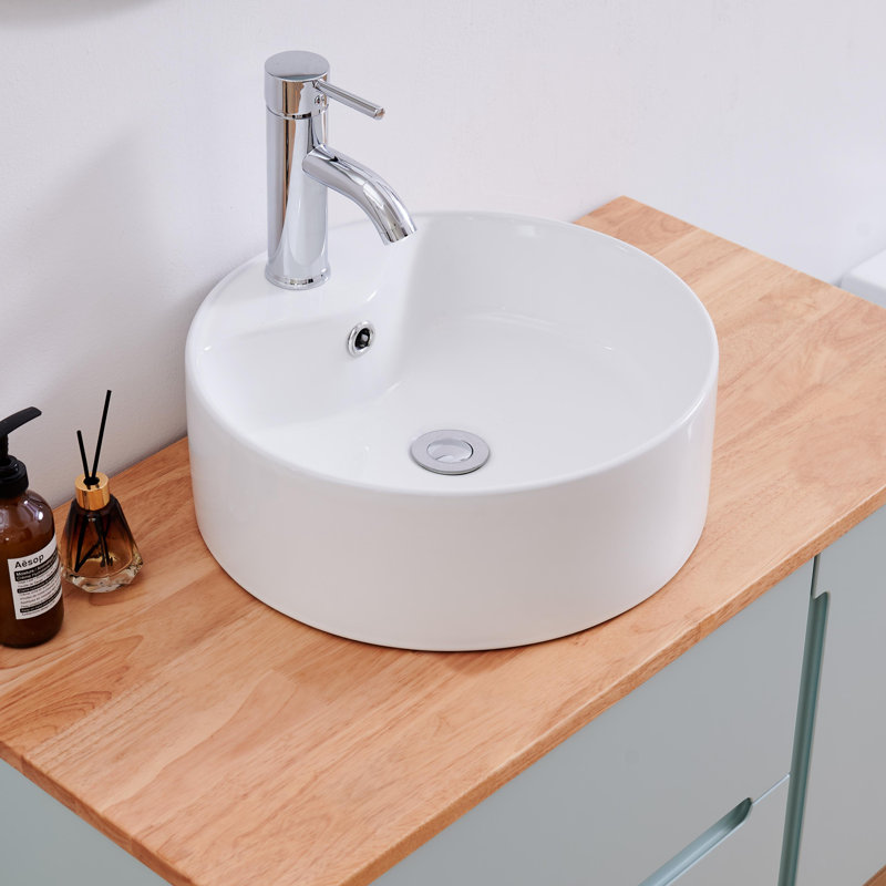 Lavabo vasque rond en céramique Leighton Scandinavian avec surface de nettoyage facile (évier seulement)
