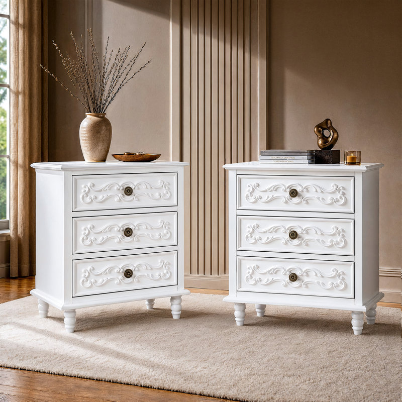 Table de chevet 3 tiroirs avec façades à volutes de 23,6 po Affinia (ensemble de 2), Blanc