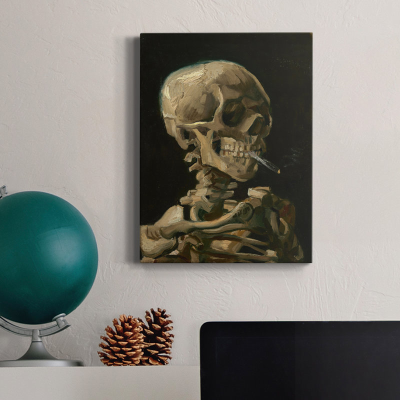" Skull Of A Skeleton With Burning Cigarette ", 12" H x 8" W x 1" D