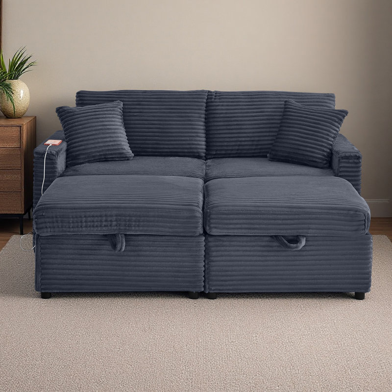 Canapé confortable moelleux en velours côtelé, espace de rangement pour grande causeuse, méridienne super moelleuse avec repose-pieds double et table de bout