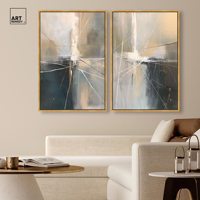 Contemporary Abstract Diptych Canvas Print Gold Boho Wall Decor Set by Art Remedy, White Frame, 36 x 54, 37" H x 25" W