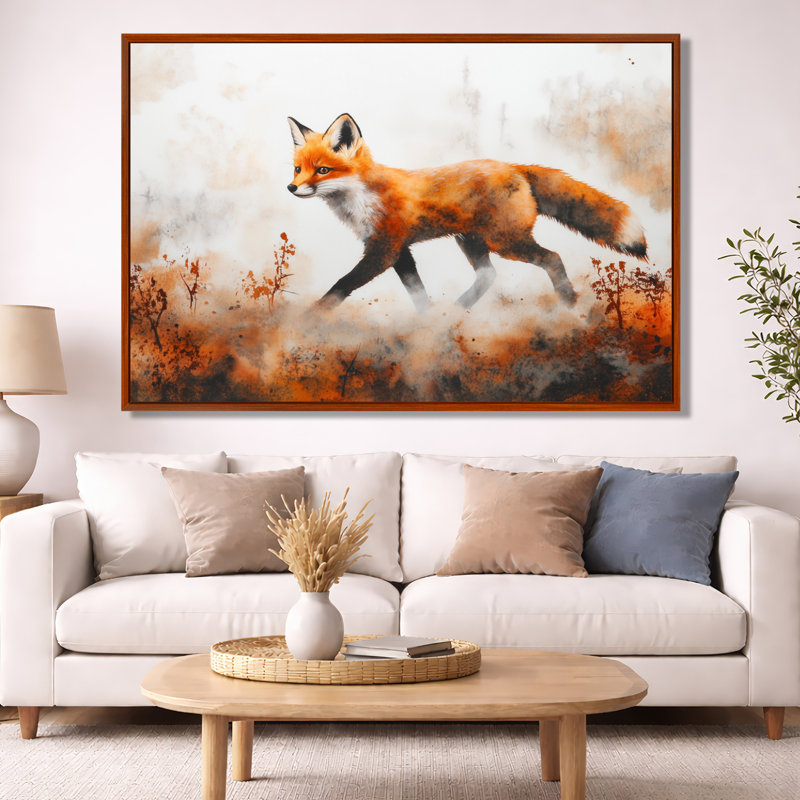 Art mural renard, toile de forêt d'automne, petit renard, H 40 po x l 60 po, Cadre flottant brun
