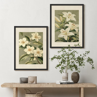 2-Piece Framed Magnolia and Lily Botanical Wall Art Set - Green Background Prints for Dining Room or Entryway Decor