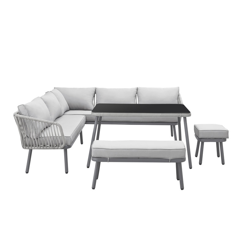 Ensemble de patio complet en rotin 5 pièces avec coussins Akshith, Gris clair, gris
