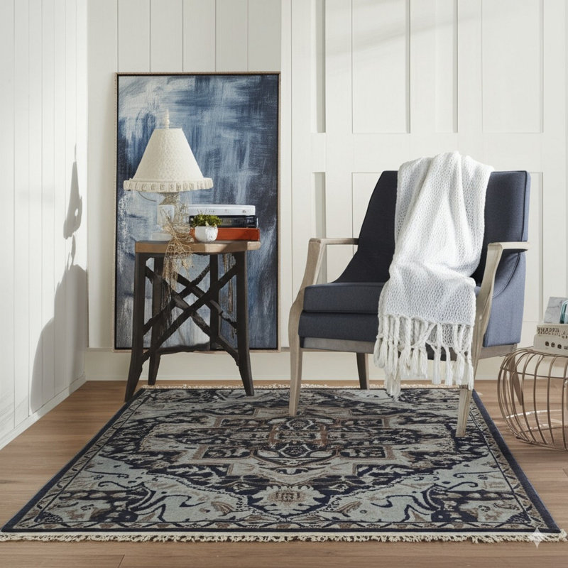 Gray Hand-Knotted Wool Framed Medallion Geometric Modern Contemporary Carpet Rug, 6' x 9'