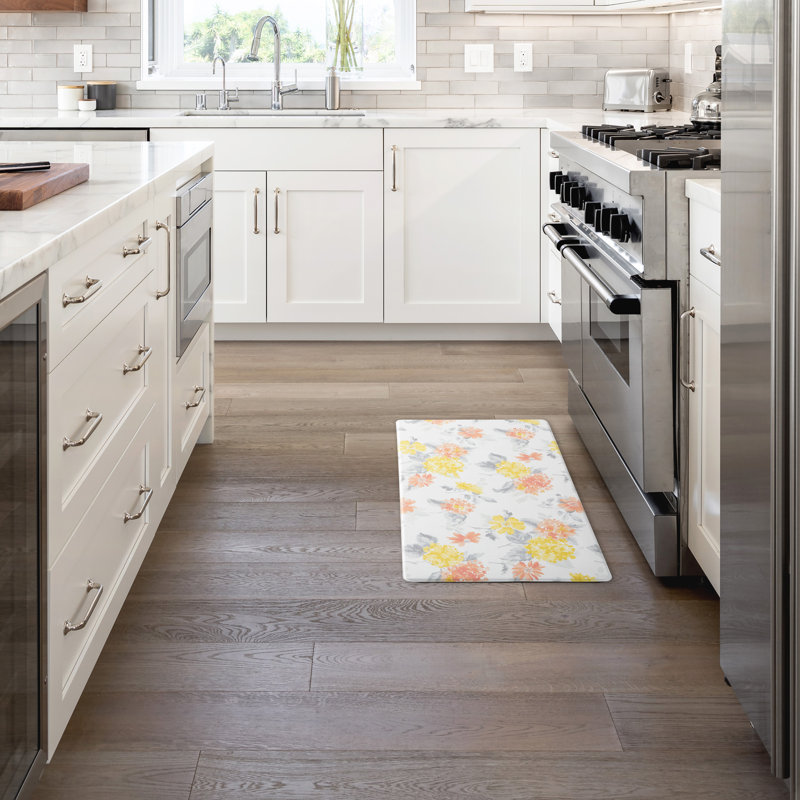 Martha Stewart Amber Floral Daisy Stripe Reversible Water-Resistant Kitchen Mat, Light Gray, Runner 20" x 39"