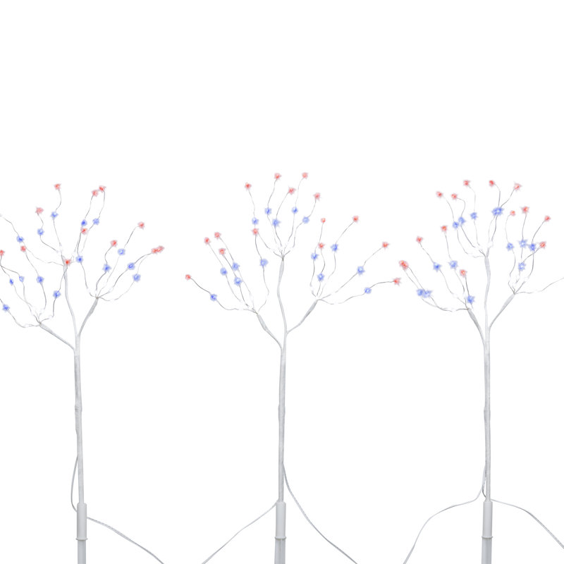 19.68-Inch Lighted Americana Branch Yard Stakes – Set of 3 Battery-Operated White Branches with 135 Red, White, and Blue LEDs