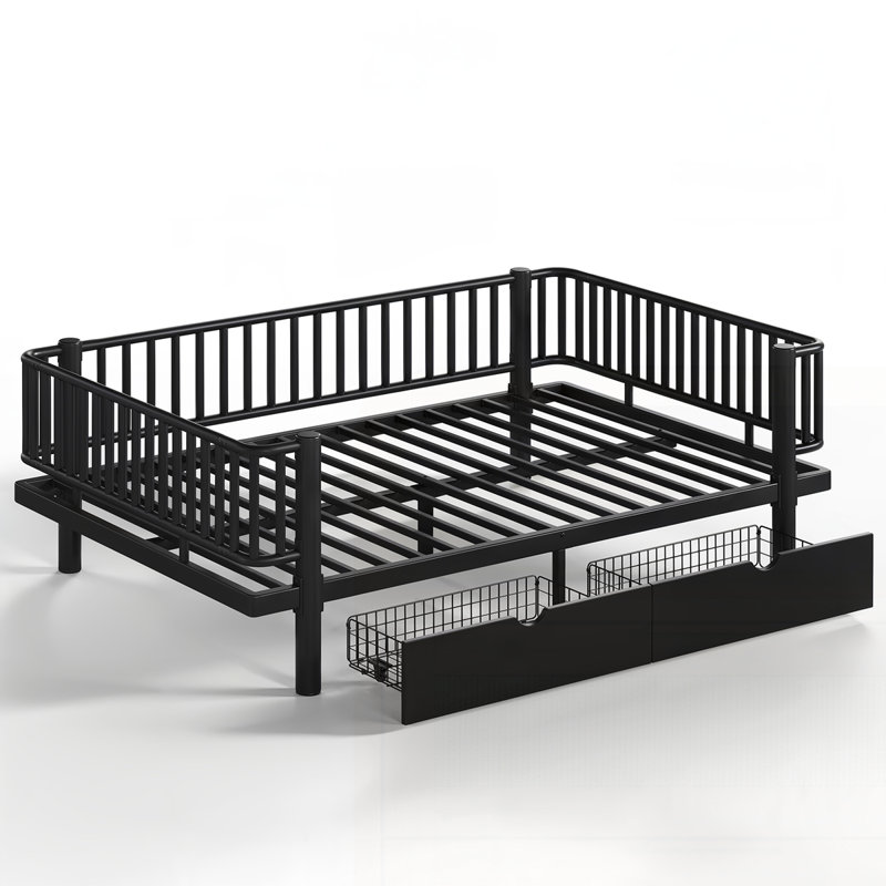 Lit plateforme en métal avec tiroirs de rangement, Noir