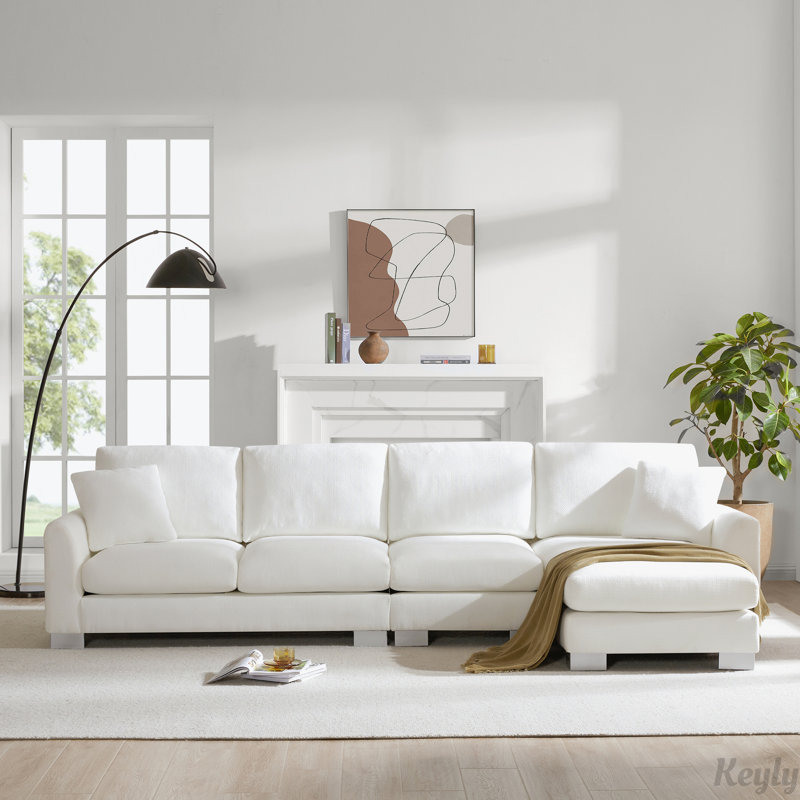 Emerton Modern Oversized Sectional Sofa, White Chenille