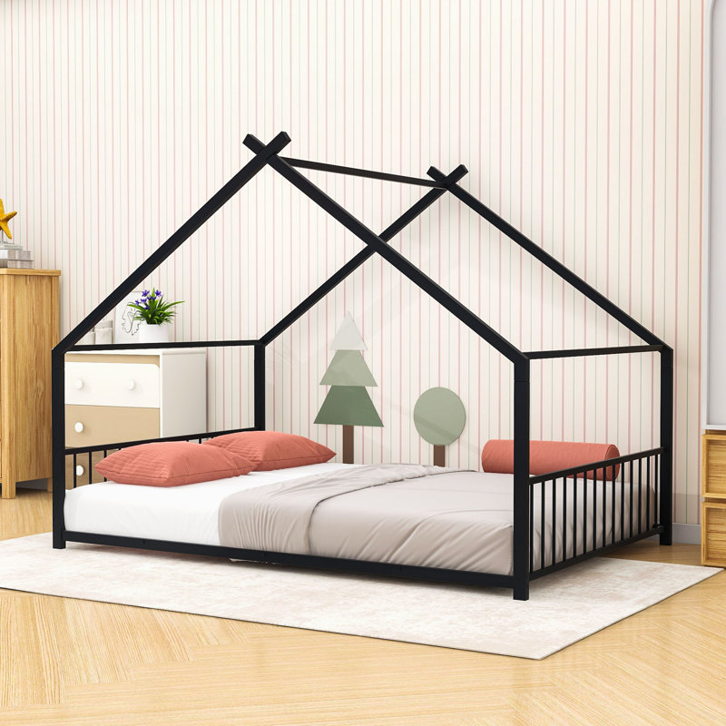 Metal House Bed With Roof And Sturdy Slats, Black, Full