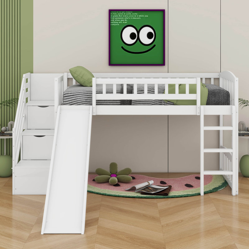 Lit mezzanine simple avec glissière Stairway, Blanc