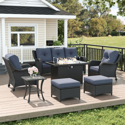 7 Piece Wicker Outdoor Furniture Set with 6-inch Comfy Cushions, High Back Patio Furniture Set with Armchairs and Fire Pit Table