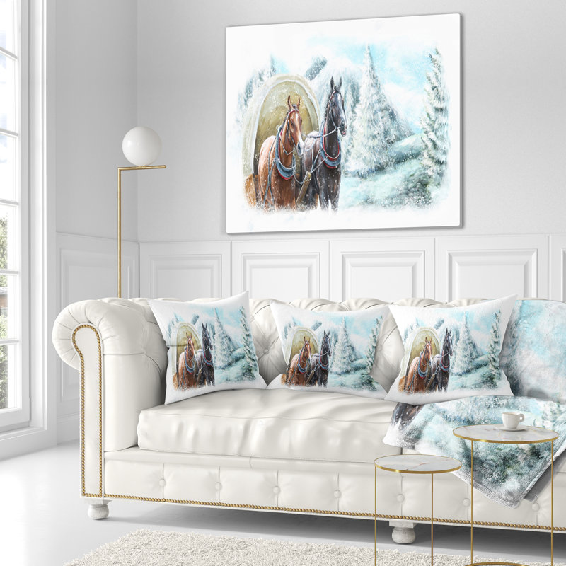 Scène peinte paysage avec chevaux en hiver, 16 po x 1 po, Coussin décoratif