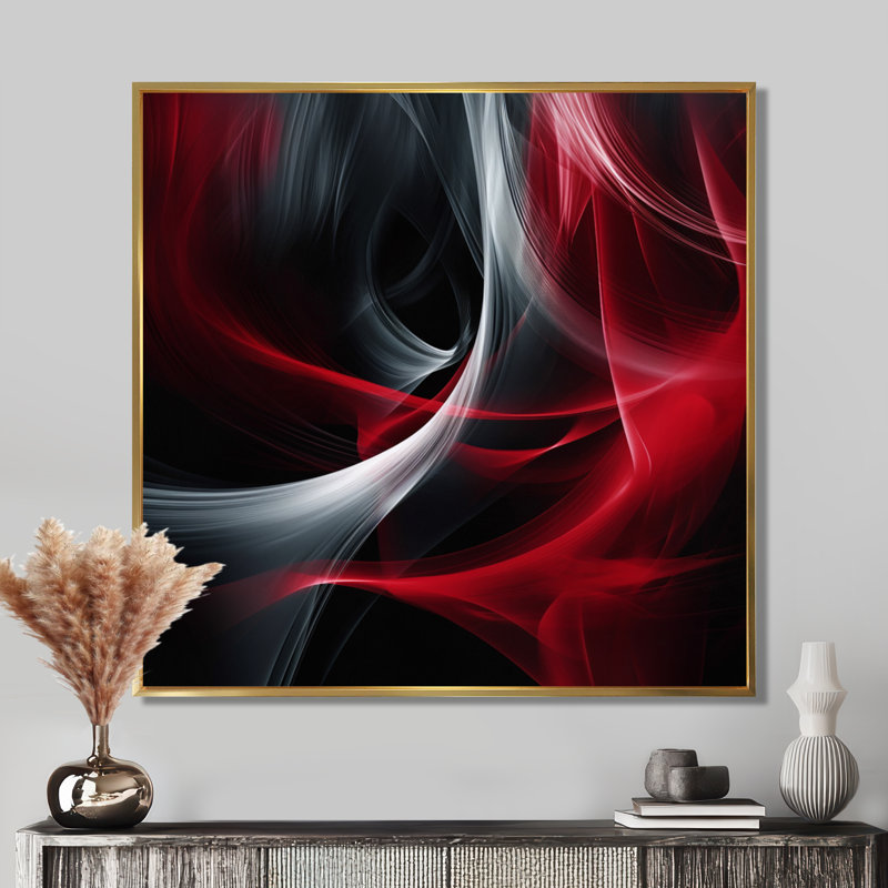 Abstrait contemplatif rouge et noir - art abstrait de vagues modernes, 44" H x 44" W, Reproduction avec cadre flottant, Doré