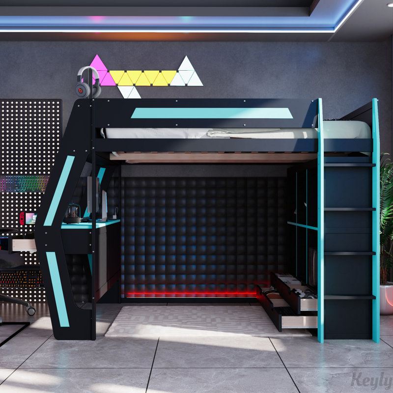 Lit mezzanine avec bureau Gaming, lumières RVB, USB et rangement pour escalier, Black+Blue