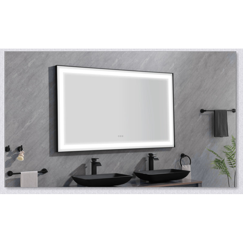 96 po X P 36 po Miroir de salle de bain à DEL H avec 3 lumières colorées et cadre en cristal poli à désembuage rapide