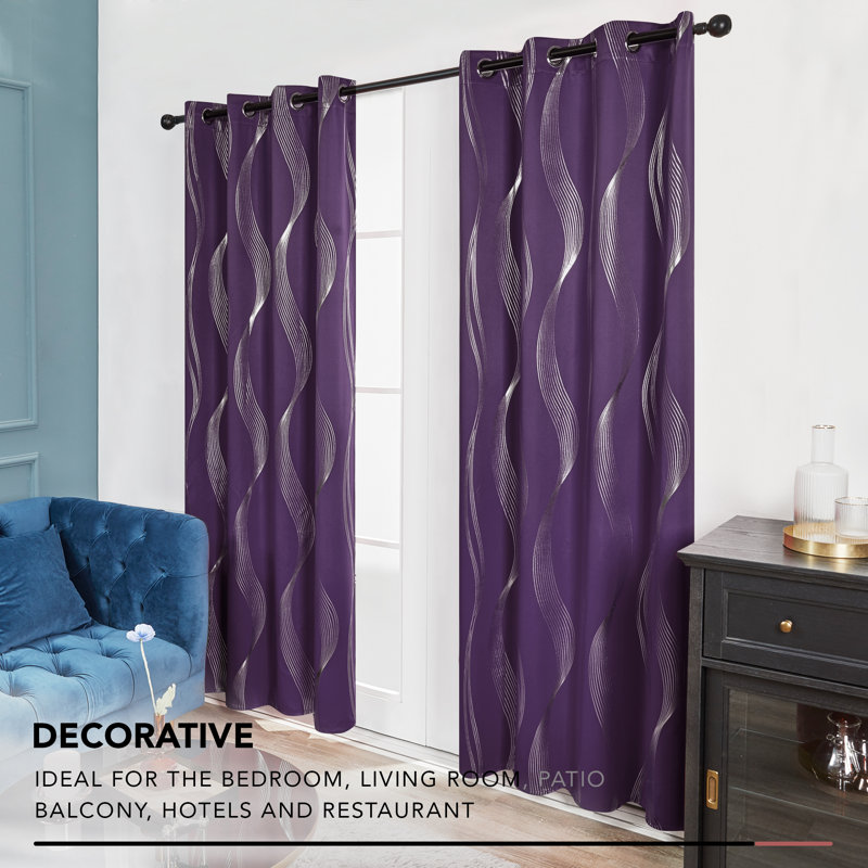 Spurgh Sliver Wave Foil Print Blackout Thermal Grommet Curtain Panels (Set of 2), 52" W x 108" L, Purple Grape