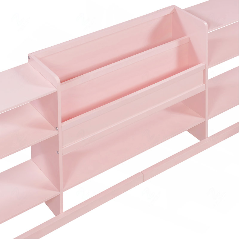 Lit de bébé Queen avec barrière de sécurité, bibliothèque et étagères de rangement à 3 niveaux, rose