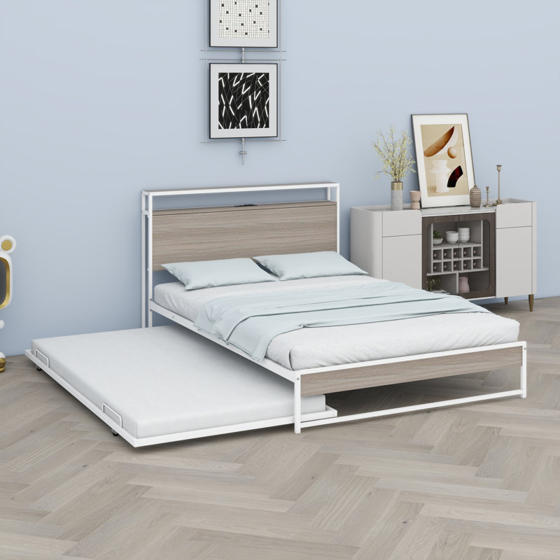 Base de lit plateforme moderne avec lit gigogne, ports USB intégrés et support à lattes, Lit double, Blanc