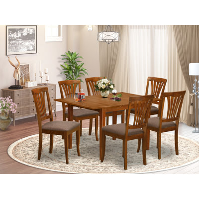 7 Piece Dining Table Set Consist of a Rectangle Dinner Table with Butterfly Leaf and 6 Linen Fabric Dining Room Chairs, Saddle Brown