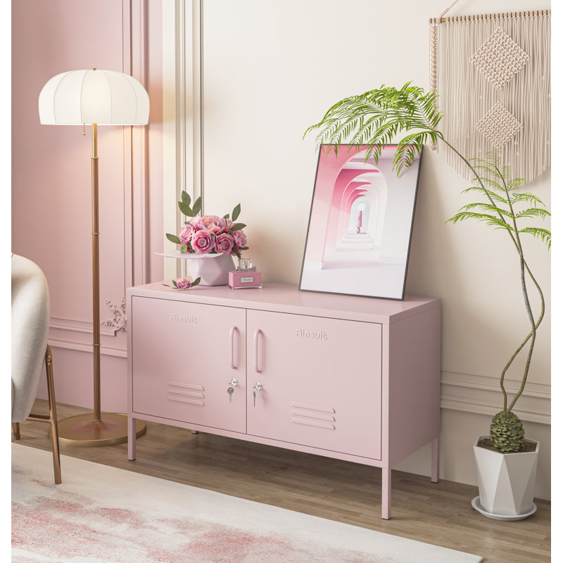 Large armoire de rangement verrouillable en métal avec 2 portes et 2 tablettes réglables à 2 niveaux, console multimédia multifonctionnelle pour le salon