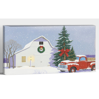 Large Farmhouse Winter Red Barn Canvas Wall Art, Vintage Pickup Truck Christmas Tree Picture Prints, Canvas Painting Ready to Hang Holiday Wall Artwork Poster for Home Decor, 20×40 Inches