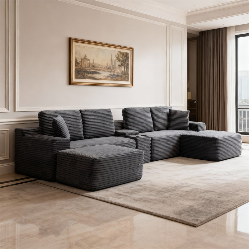 Ensemble de canapé modulaire de 150 po, 5 pièces avec 2 ports USB intégrés et 2 porte-gobelets, moderne et minimaliste pour salon et appartement, gris