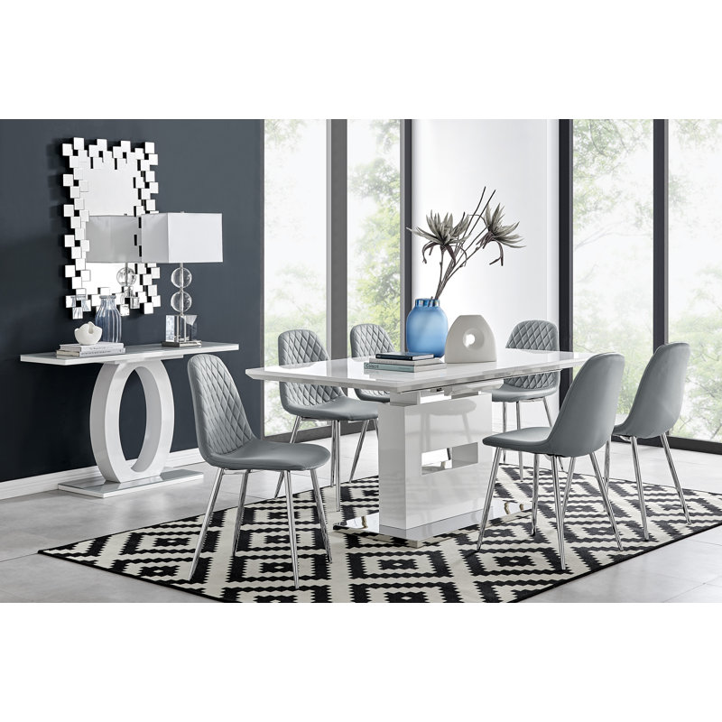 Areza High Gloss Extendable Dining Table Set with 6 Luxury Faux Leather Dining Chairs, Gray/Silver