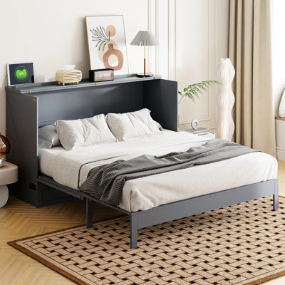 Grand lit moderne gris avec compartiments de rangement internes spacieux, grand tiroir pratique et polyvalent