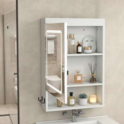 Bathroom Medicine Wall Cabinet with LED Lighted Mirror, 3 Wooden Shelves & Side Hooks, 18"W x 6.7"D x 26.5"H, White
