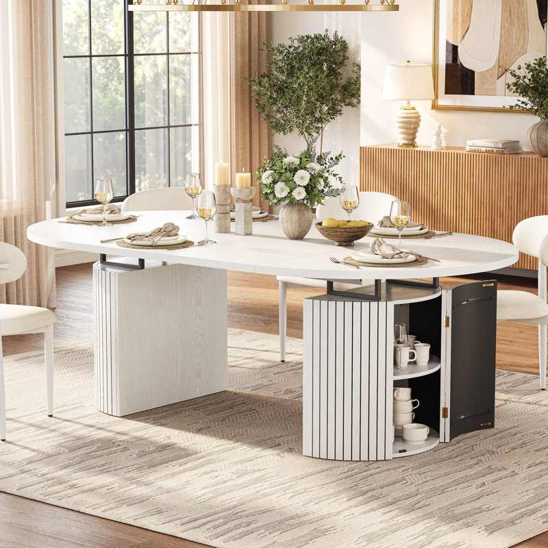 Table de salle à manger extensible pour 4 à 10 personnes, dimensions réglables de 110 à 240 cm, deux armoires de rangement, fini bois style ferme moderne, table de cuisine ovale