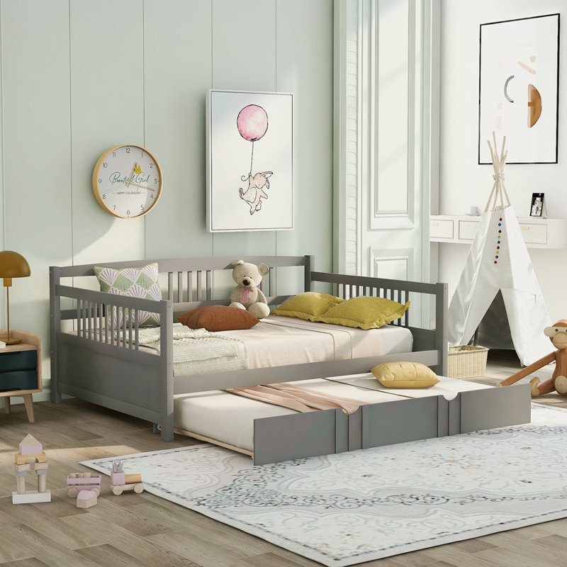 Daybed Wood Bed With Twin Size Trundle, Gray, Full