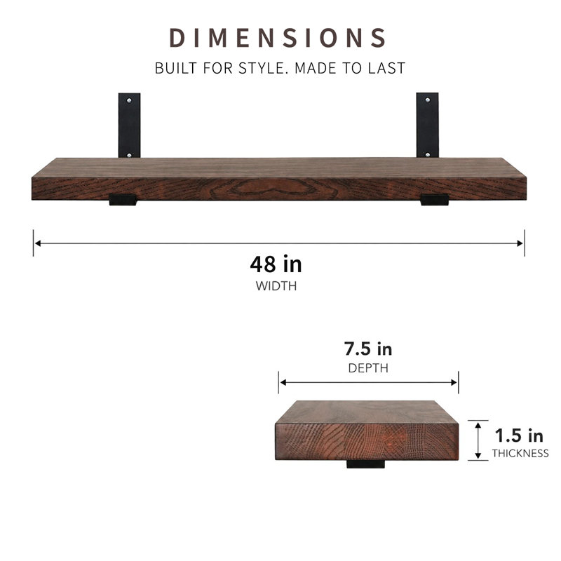 Oak Floating Shelf, 1.5" H x 48" W x 7.5" D, Dark Brown Wood