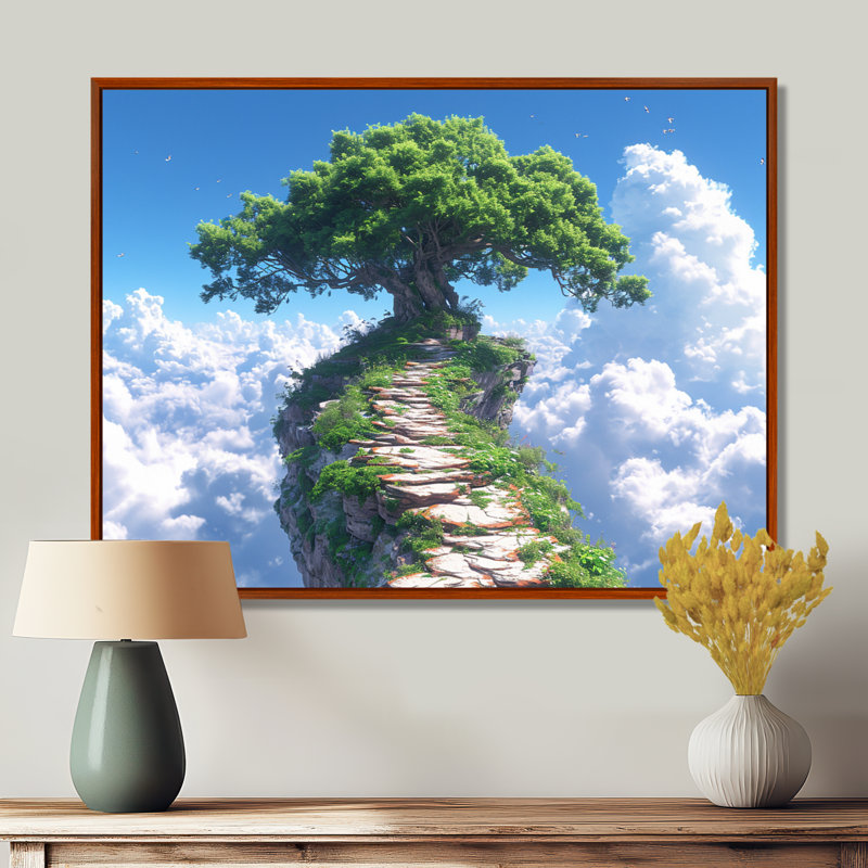Chemin vers un arbre dans les nuages - art mural chêne, Toile avec cadre flottant brun, H 24 po x l 32 po x P 1 po