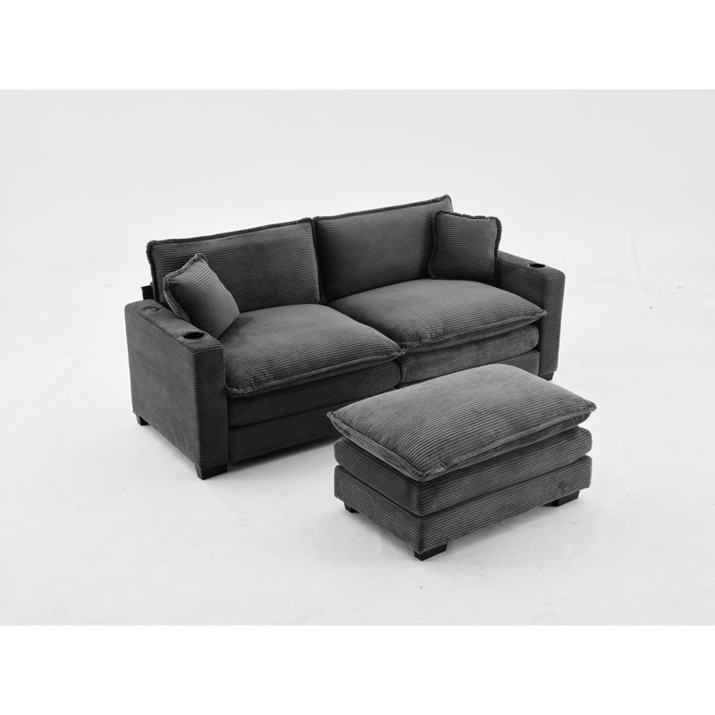 Velours côtelé gris 2 avec rangement et canapé confortable pour bureau de style modulaire en forme de L, port et porte-gobelet, maison