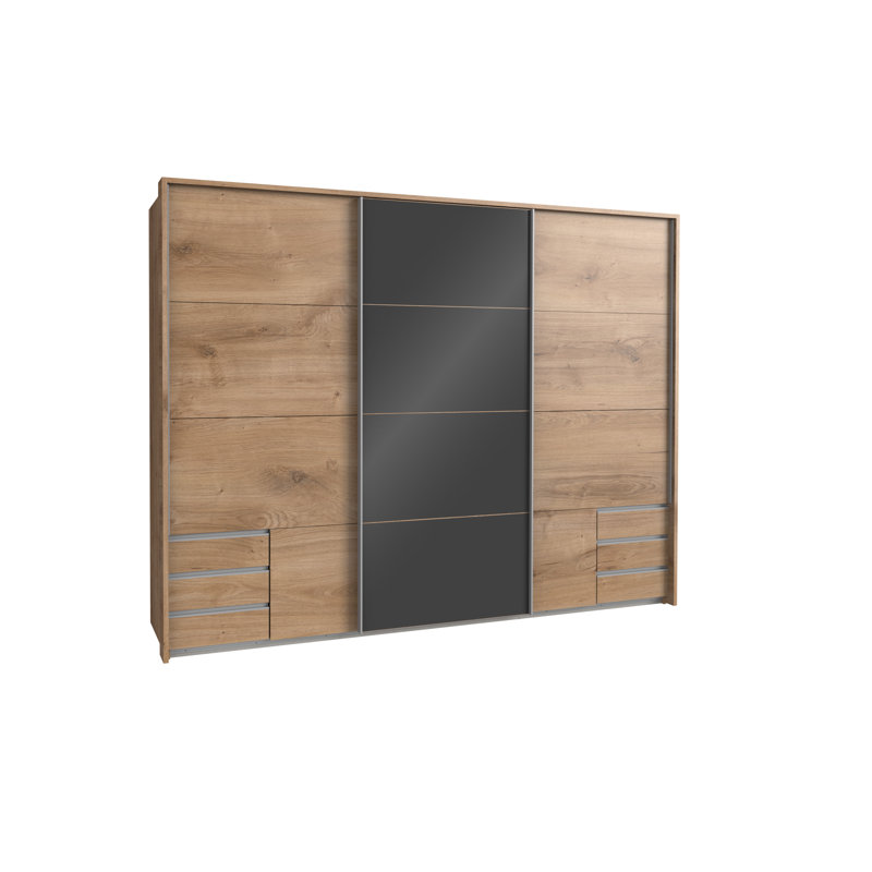 Berngar 3 Door Manufactured Wood Wardrobe, Plank Oak/Glass Grey