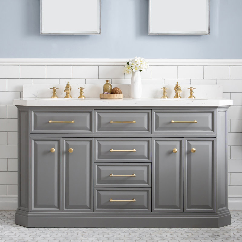 Bruning 60" Carrara Engineered Marble Countertop Bath Vanity with Faucet, Cashmere Gray, Satin Brass Deck Mount