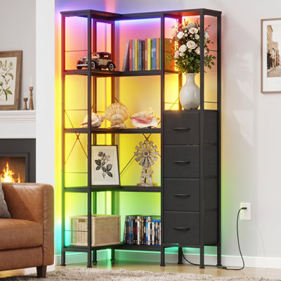 Bibliothèque d'angle convertible à 5 niveaux avec éclairage DEL, 4 tablettes ouvertes et 4 tiroirs en tissu, noir