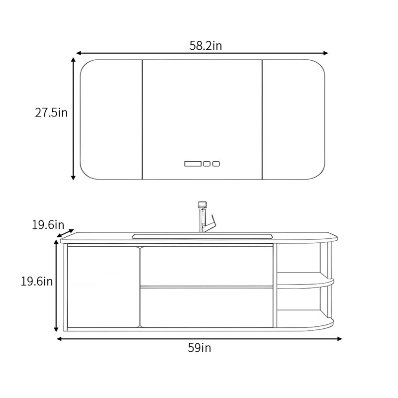Armoire de salle de bain légère et luxueuse, H 19,6 po x l 59 po x P 19,6 po